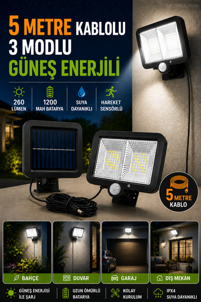 nelerbulurum GÜNEŞ ENERJİLİ 5 METRE KABLOLU 260 LÜMEN ÜÇ MODLU VE HAREKET SEN...