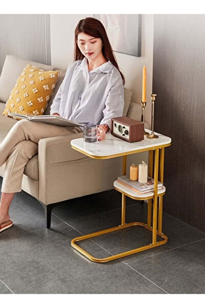 Tables 2 Tier Faux Marble End Table Rectangle Side Table with Shelves Small N...