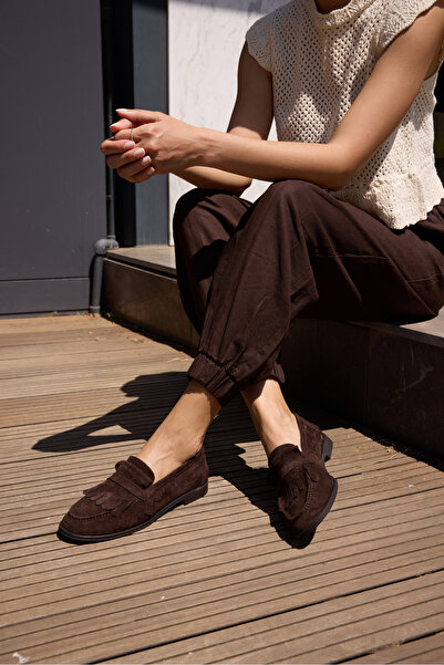 ANGELİNA JONES Trela Women's Brown Leather Suet Loafer Shoes