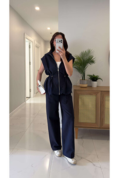 BİRCANÇİL Set vestă și pantaloni Hukka bleumarin, cu șnur în talie și detalii...