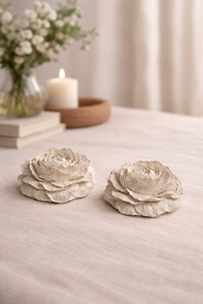 TAFİ Peony Flower Ribbed Stone Object Set of 2 White