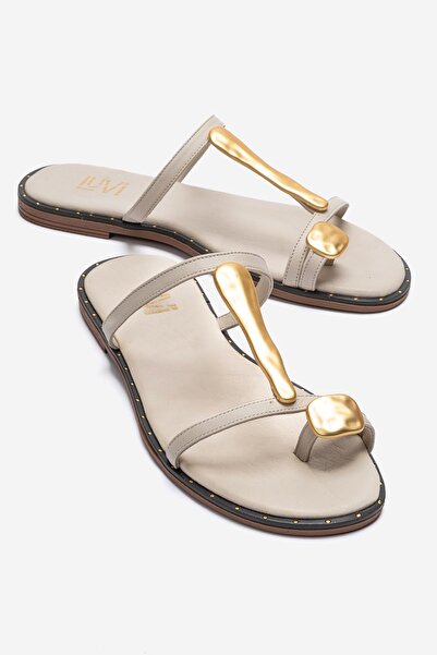 LuviShoes TESSA Ecru ženske papuče od prave kože sa zlatnom kopčom