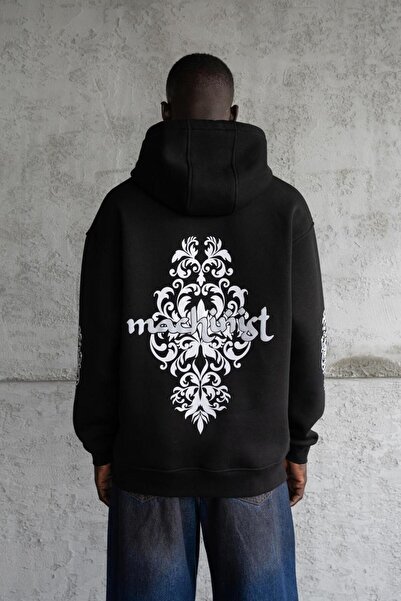 Machinist Men's Ethnic Patterned Hooded Sweatshirt Black