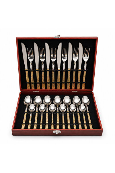 OEM Set tacâmuri aurii în cutie de lemn, model struguri, inox, cuțite, furcul...