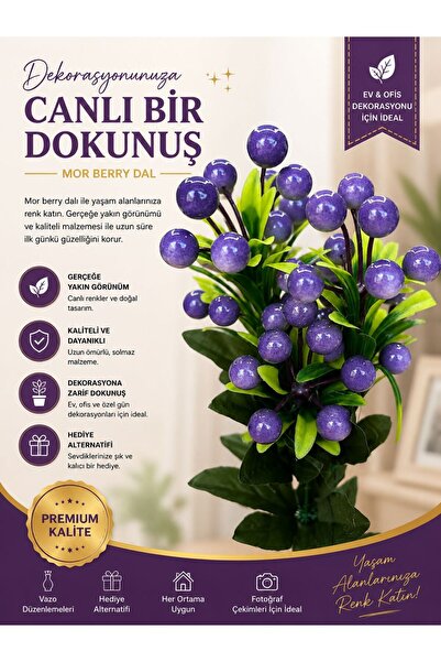 Keyfi Sepet Mor Berry Dekoratif Dal Yapay Çiçek Ev Ofis Vazo Dekoru