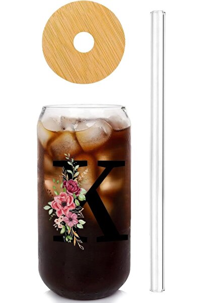 NASAQ Glass Cup with Lids and Straws, UV Letter Design on Both Sides, Gift fo...