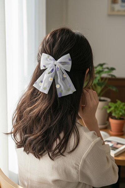 FAYRA ACCESSORIES Mašna s kopčom, tratinčica i lavanda, izvezena tkanina od t...