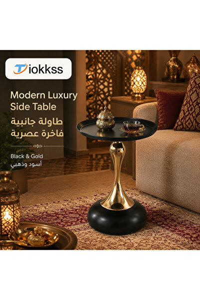 Tiokkss Black Gold Round Side Table, 40cm Modern Luxury Coffee Table With Tra...
