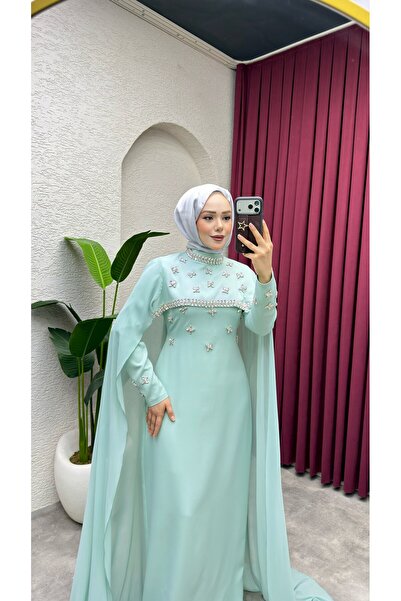 Kalemen Moda Parla Pelerinli Kalem Abiye 8054 Mint
