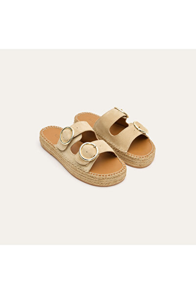 Mudo Women's Mink Color Double-Strapped Leather Slippers