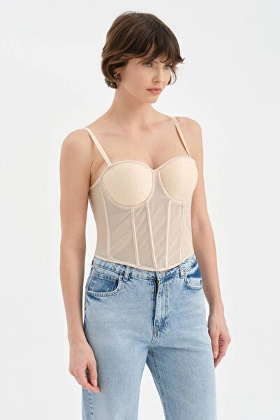 tw3 Women's Tulle Detailed Design Crop Corset with Adhesive Stones
