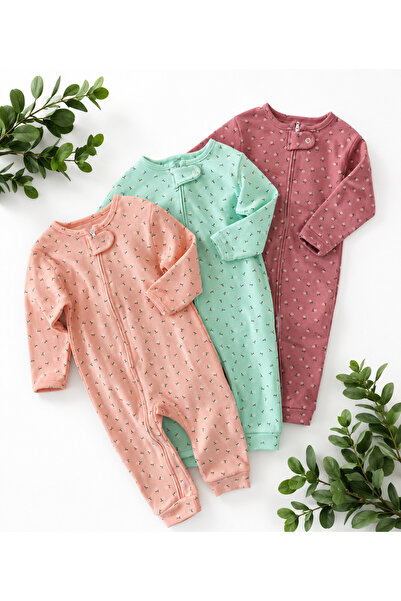 Mou&Kou 100% Cotton 3-Piece Zippered Baby Romper Set 9-12-18 Months