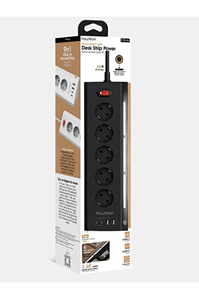 andia Fulltech FTR-26 Akım Korumalı Priz Siyah 5'li Priz 2 USB 2 Type-C Giriş...