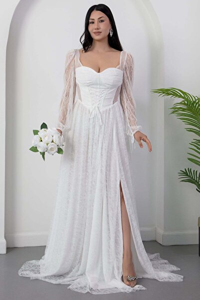 PULLIMM Kalp Yaka Uzun Kol Dantel Elbise ECR5733