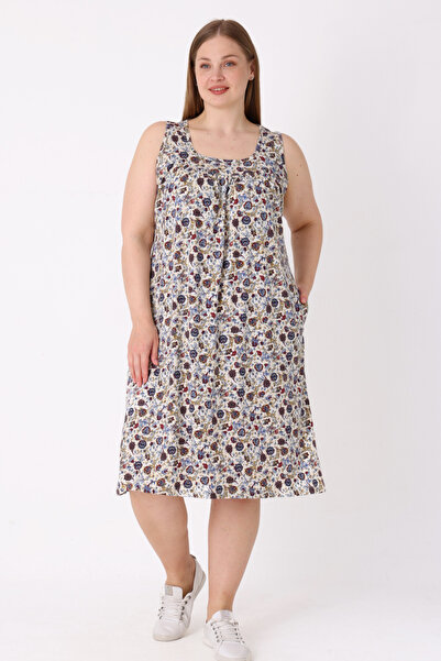 İntensive Women's Plus Size Patterned Cotton Dress with Straps and Pockets