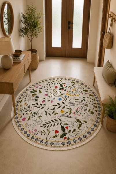 HALISHOP Flower Round Non-Slip Base Machine Washable Digital Printed Floor Mat Carpet Rug