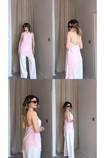 Butik Pembe boyundan geçirmeli sırt dekolteli asimetrik kesim saten bluz