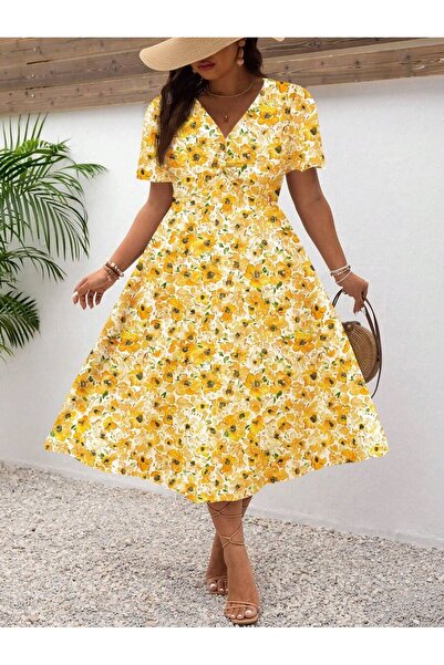Iuliashop Ofelia White Midi Dress with Yellow Floral Print - Plus Sizes - 44