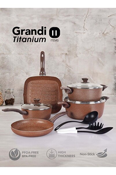 GRANDİ Granite Coated Pots And Pans Cookware Titanium Set 11 PCS With Non-Sti...