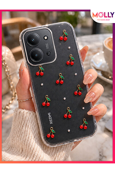 Molly REDMİ 15C İçin Cherry Pearl Luxe Şeffaf Işıltılı Kiraz Desenli Premium ...