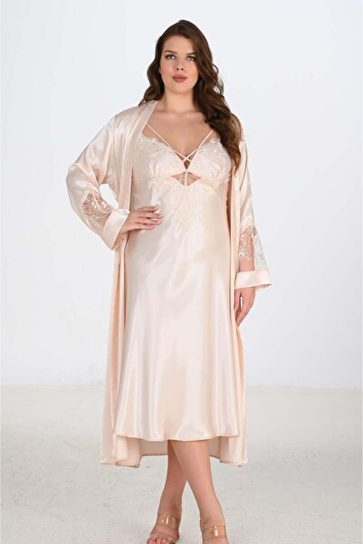 AHU Women's Plus Size Satin 2-Piece Lace Detailed Nightgown and Robe Set