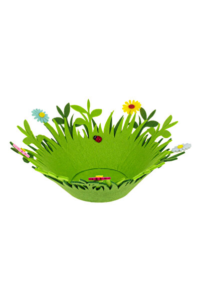 OEM Coș decorativ de Paște din iarbă de pâslă verde, decorat cu flori și bubu...