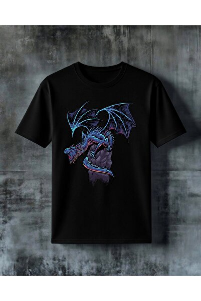 COMVİCHO Dragon Neon Blue Printed Oversize T-Shirt