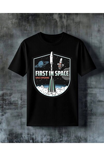 COMVİCHO first in space uzay roket Baskılı Oversize Tişört