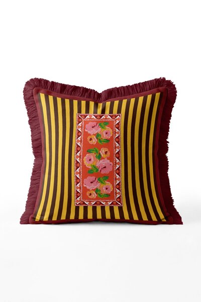 IdeCraft Yellow Brown Striped Floral Panel Fringed Throw Pillow Cover - Vinta...