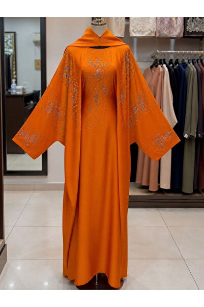 SEEKING2001 Luxurious Orange Abaya for Women with High-Quality Shimmering Emb...