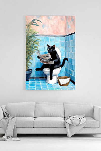 HonataDizayn Modern Sanat Gazete Okuyan Kedi Tasarımlı Komik Banyo Duvar Kanv...