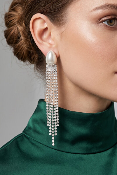 PETEK AKSESUAR Pearl Drop Waterway Fringed Evening Dress Long Earrings 10 Cm.