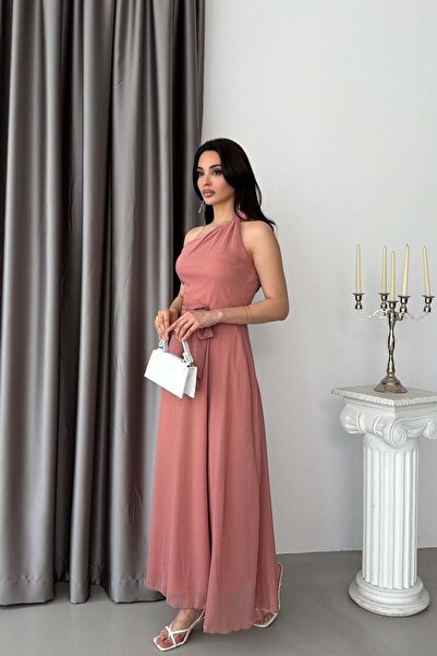 Serica Moda Rochie din șifon pudră, cu șnur la umeri și aplicații de piatră