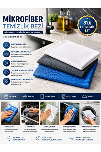 TUMU LIFE 3'Lü Mikrofiber Temizlik Bezi, Cam, Araba, Mutfak, Fiber Bez 40 X 6...