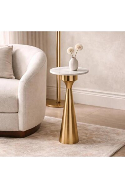 BAYTI Elegant Round Marble Top End Table with Gold Metal Base Modern Conical ...