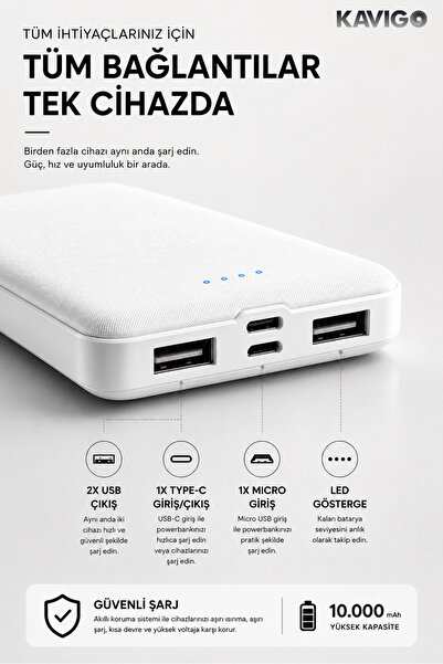 kawigo 10.000 mAh Beyaz Renk Powerbank Gerçek Güç Premium Powerbank Çoklu Pow...