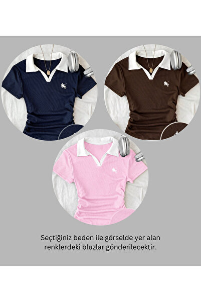 Gofeel Soul Renkli Polo Yaka Nakışlı Büzgülü Bluz