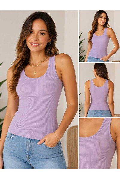 DİAMOND OUTLET Women's Lilac Ribbed Tank Top – Cotton Stretchy Basic Sleevele...
