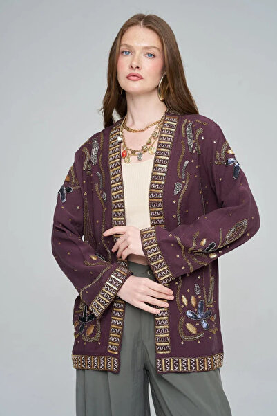 Hilals Butik Boncuk ve Pul İşlemeli Bordo Tencel Kimono