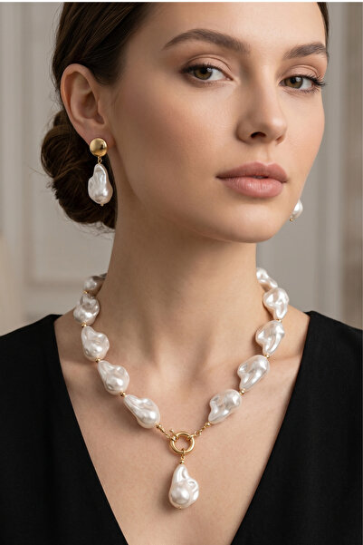 PETEK AKSESUAR Yamuk Pearl Necklace Earring Set