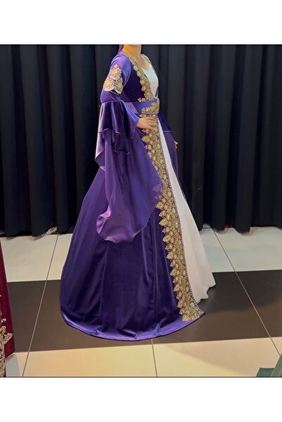 atölyekaftanbutik Purple Indian Hand-Embroidered Kaftan with Bindaali