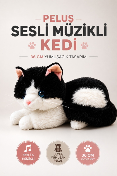 YILDIRIM OYUNCAK Sesli Müzikli Peluş Kedi 36cm – Yumuşacık Uyku Arkadaşı Sevi...