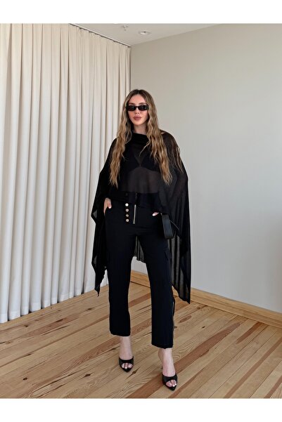 Laluvia Black Design Zipper Pants with Snap Fasteners - 7937