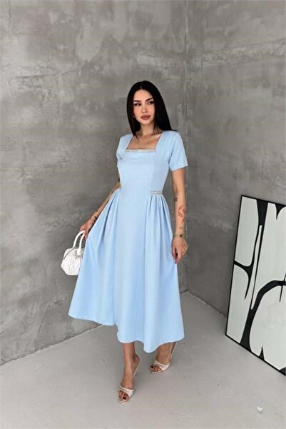 Dipmoda Women's Blue Square-Neck Stone Detailed Skirt Draped Midi Length Dres...
