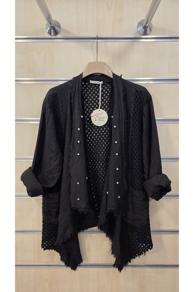 Park Moda Italian Linen Jacket with Stone and Mesh Detail
