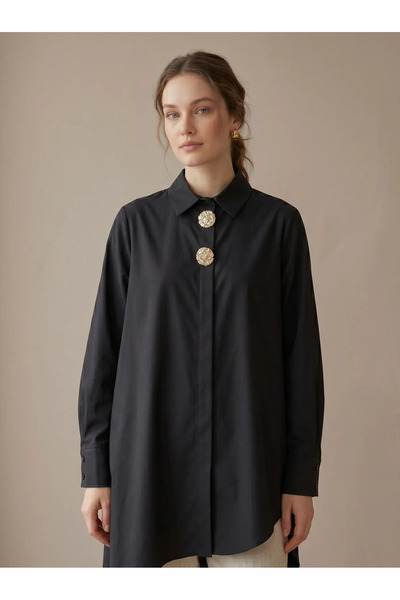 CRYSTALİA Kadın Oversize Gömlek - İkonik Taşlı Düğme Detaylı Şık Tunik