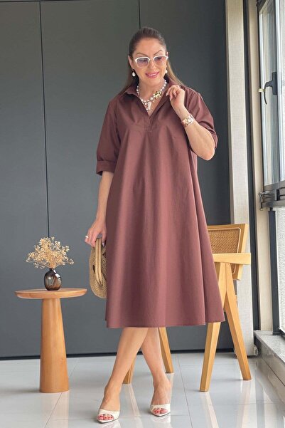 MİSLİNA BUTİK Kahve Oversize Poplin Elbise