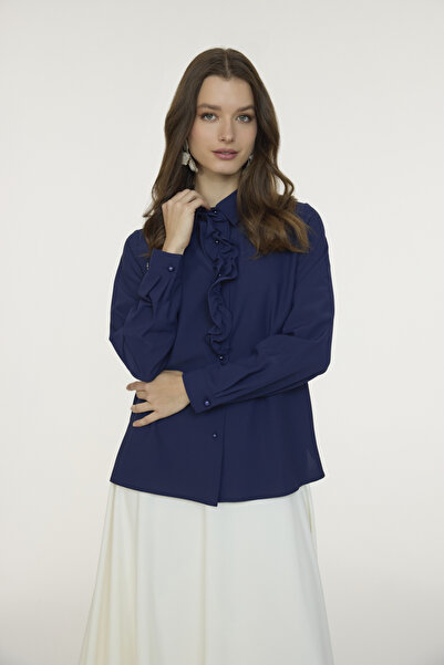 Zühre Elegant Navy Blue Shirt with Ruffled Floral Detail 0139