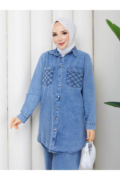 exxitcollection Women's Hijab Denim Suit with Front Button Pocket Detail, Jac...
