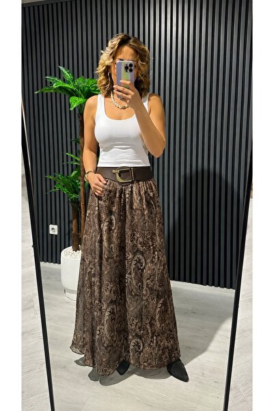 BEŞİR GİYİM Women's Midi Skirt with Belt, Shawl Pattern, Brown